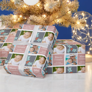Christmas Personalised Holly Grey Pink Squares Wrapping Paper