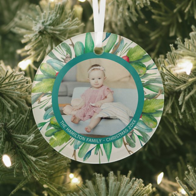 Christmas Personalised Modern Wreath Photo Frame Glass Tree Decoration (Insitu)