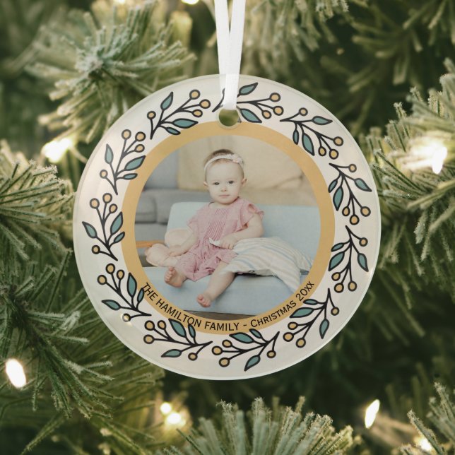 Christmas Personalised Modern Wreath Photo Frame Glass Tree Decoration (Insitu)