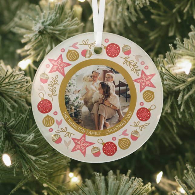 Christmas Personalised Modern Wreath Photo Frame Glass Tree Decoration (Insitu)