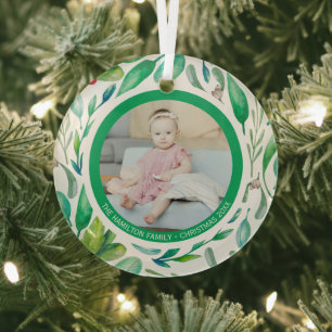 Christmas Personalised Modern Wreath Photo Frame Glass Tree Decoration