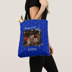 Christmas Personalised Pet Photo Blue Poinsettias Tote Bag