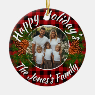 Christmas personalised photo red plaid pinecones ceramic tree decoration