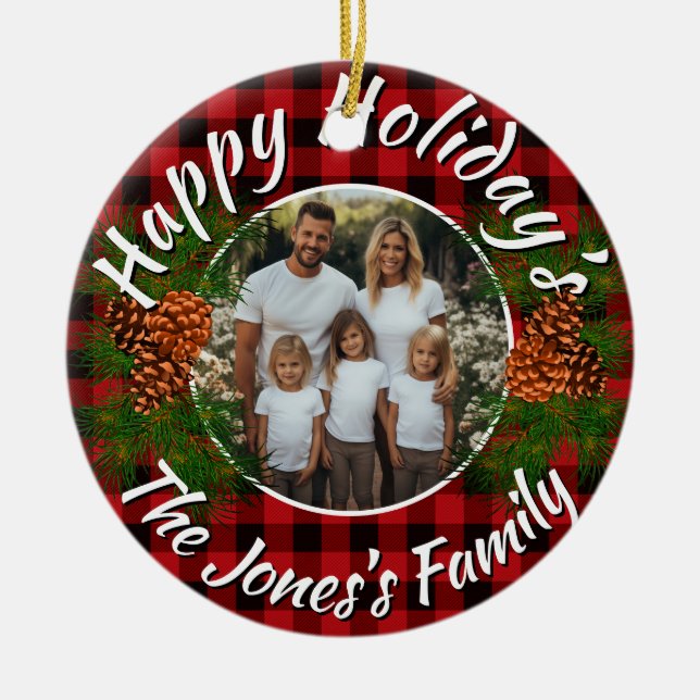 Christmas personalised photo red plaid pinecones ceramic tree decoration (Front)