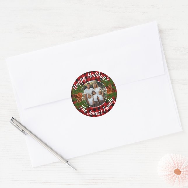 Christmas personalised photo red plaid pinecones classic round sticker (Envelope)