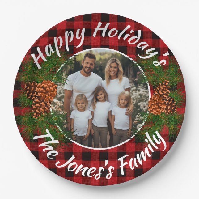Christmas personalised photo red plaid pinecones paper plate (Front)