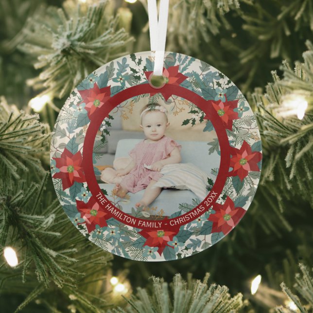 Christmas Personalised Poinsettia Wreath Photo Glass Tree Decoration (Insitu)