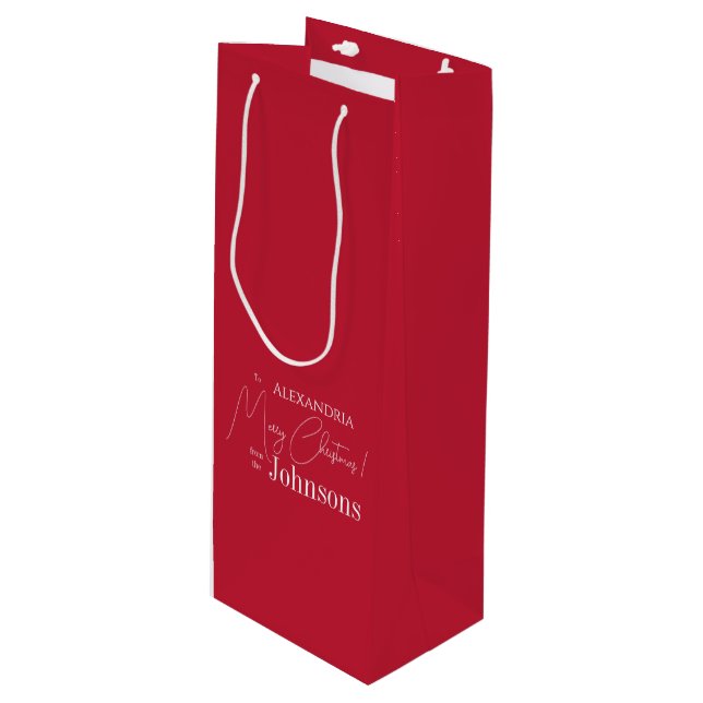 Christmas Personalised Red Family Name Wine Gift Bag (Front Angled)