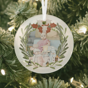 Christmas Personalised Snowmen Photo Frame Glass Tree Decoration