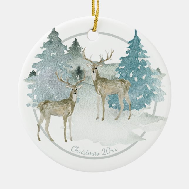 Christmas Personalised Woodland Winter Deer Ceramic Tree Decoration (Front)