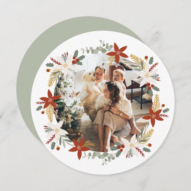 Christmas Personalised Wreath Photo Frame Round Holiday Card (Front/Back)