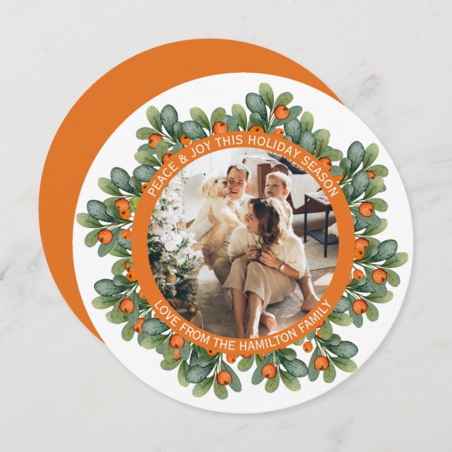 Christmas Personalised Wreath Photo Frame Round Holiday Card (Front/Back)