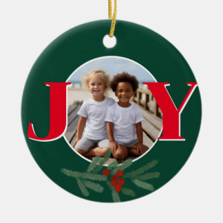 Christmas personalize JOY Holly photo template Ceramic Tree Decoration