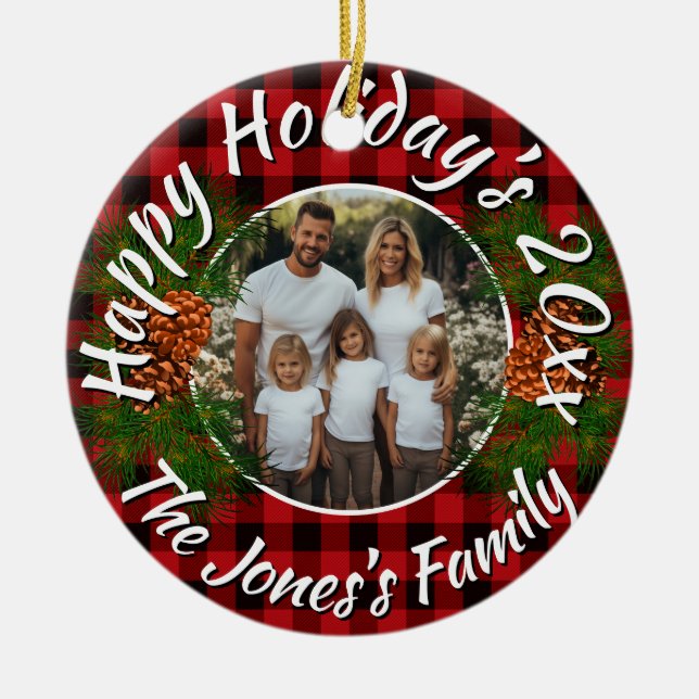 Christmas personalized photo red plaid pinecones ceramic tree decoration (Front)