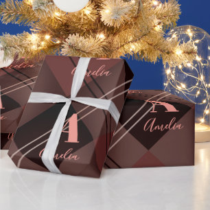 Christmas Personalized Plaid Maroon Pink Wrapping Paper