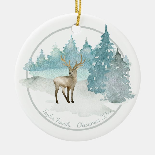 Christmas Personalized Woodland Winter Deer Ceramic Tree Decoration (Front)