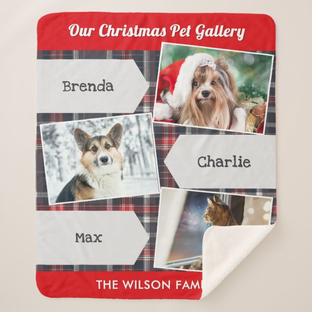 Christmas Pets 3 Photo Gallery Tartan Personalised Sherpa Blanket (Front)
