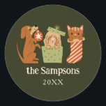Christmas Pets Green Classic Round Sticker<br><div class="desc">Cute and festive Christmas favour sticker featuring hand drawn illustration of cats and dogs in holiday theme. The background is green.</div>