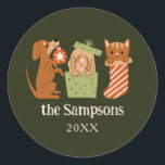 Christmas Pets Green Classic Round Sticker<br><div class="desc">Cute and festive Christmas favour sticker featuring hand drawn illustration of cats and dogs in holiday theme. The background is green.</div>