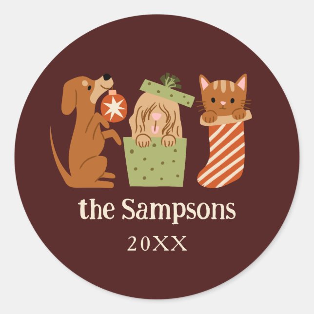 Christmas Pets Red Classic Round Sticker (Front)