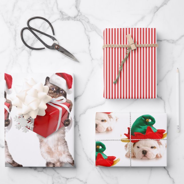 CHRISTMAS PETS Wrapping Paper Flat Sheet Set of 3 (Front)