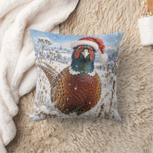 Christmas Pheasant in Winter Field Cushion