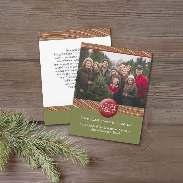 Christmas Photo and Letter - retro red green Holiday Card (Retro Christmas card with a photo on the front with Christmas letter on the back)