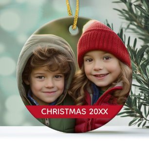Christmas Photo and Year Modern Minimal Red Stripe Ceramic Tree Decoration