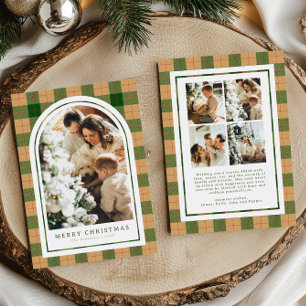 Christmas Photo Arch Green and Beige Plaid Holiday Card
