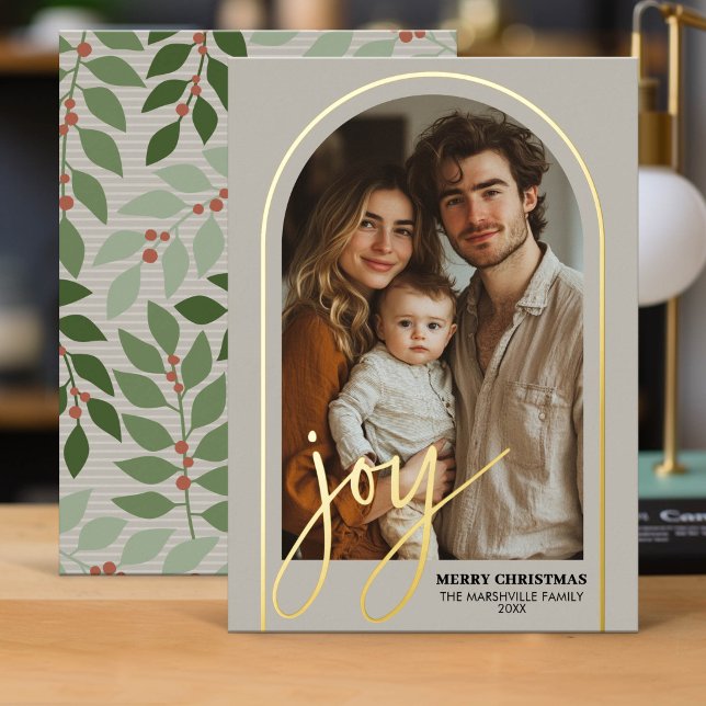 Christmas Photo Arch Vertical - Botanical JOY (Modern Foil card with Holiday Photo and Greeting)
