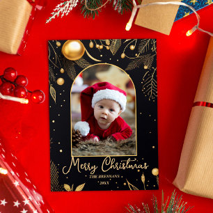 Christmas Photo Black And Gold Elegant Holiday Card