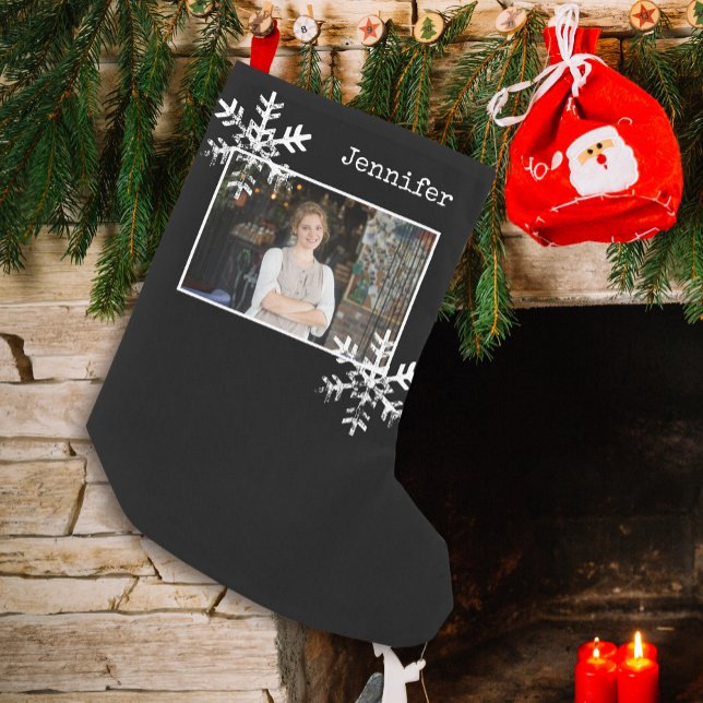 Christmas Photo Black Distressed Snowflakes Small Christmas Stocking (Distressed Rustic Snowflake design that can be personalized with a  photo and name monogram.)