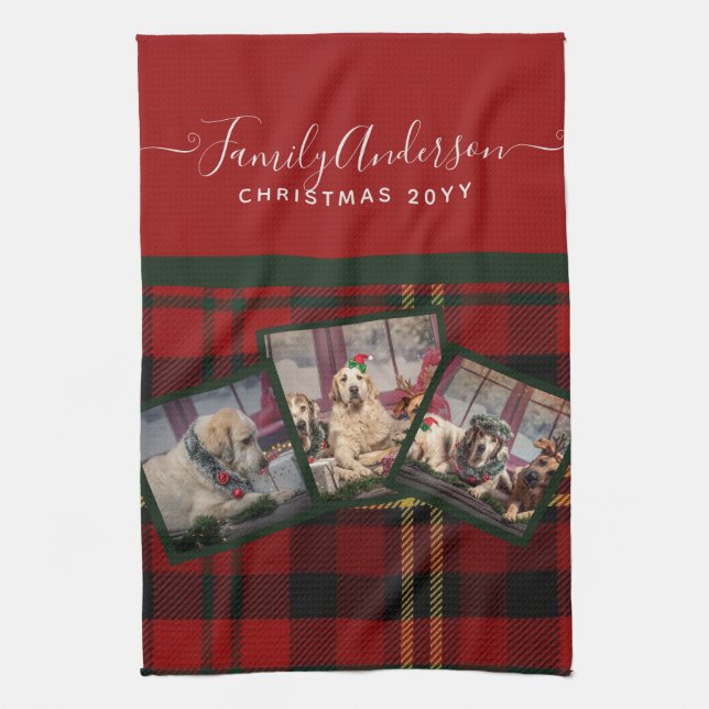 Christmas PHOTO Blanket - Red Tartan Collage  Tea Towel (Vertical)