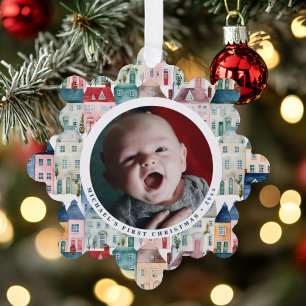 Christmas Photo Blue Festive Houses Holiday Tree Decoration Card