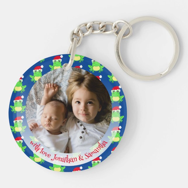 Christmas Photo Blue Frog Santa Hat Pattern Key Ring (Back)