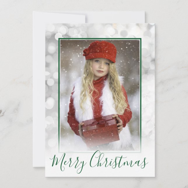 Christmas Photo Border Silver and Green Bokeh Holiday Card (Front)