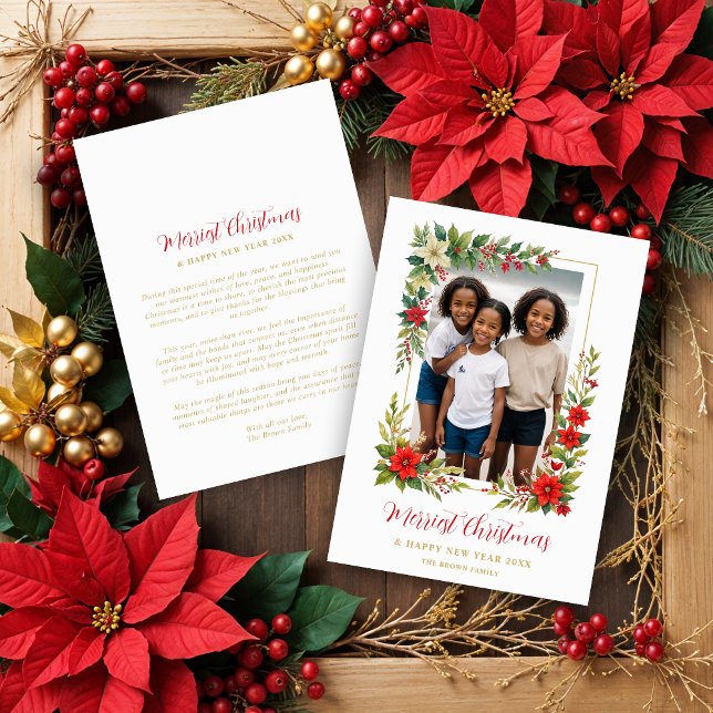 Christmas Photo Botanical Frame Poinsettias Blooms Holiday Card (Christmas Photo Botanical Frame Poinsettias Blooms & Red Berries Holidays Cards.)