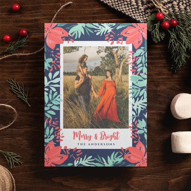 Christmas Photo Botanical Red Floral Blue Holiday Card (Creator Uploaded)