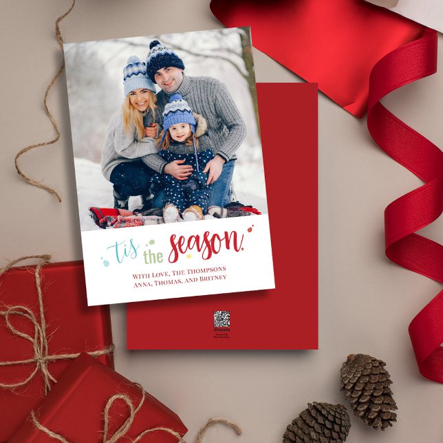 Christmas Photo Calligraphy Script Cute Typography Holiday Card ("Tis the Season" cute calligraphy script two photo greeting card template. )