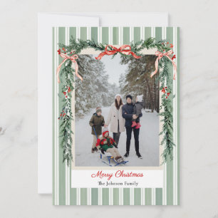 Christmas Photo Card Green Stripes Pine Garland