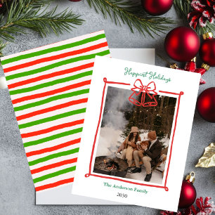 Christmas Photo Card hand drawn green Bow Holiday