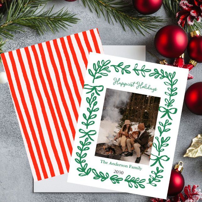 Christmas Photo Card hand drawn green Bow Holiday  (Creator Uploaded)