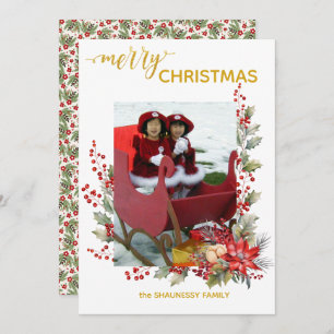 Christmas Photo Card Holly Berries & Pointsettias
