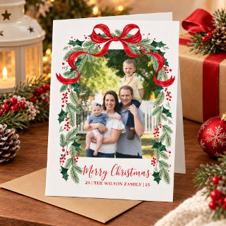 Christmas photo card with burgundy bow