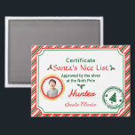 Christmas Photo Certificate Santa Nice List  Magnet<br><div class="desc">Celebrate the magic of Christmas with an official Santa's Nice List Certificate, designed to delight children of all ages. This charming certificate includes a space for a precious photo, a festive border in green and red candy cane stripes, and a special 'Approved by the elves at the North Pole' message....</div>