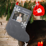 Christmas Photo Chalkboard Distressed Snowflakes Small Christmas Stocking<br><div class="desc">Photo stocking with name and distressed snowflakes. Easy to change the background colour.</div>