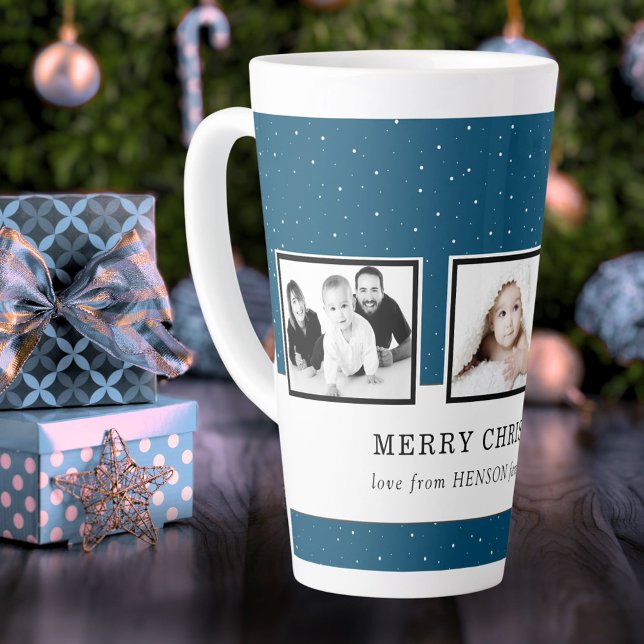 Christmas Photo Collage Blue Custom Family Holiday Latte Mug (Creator Uploaded)