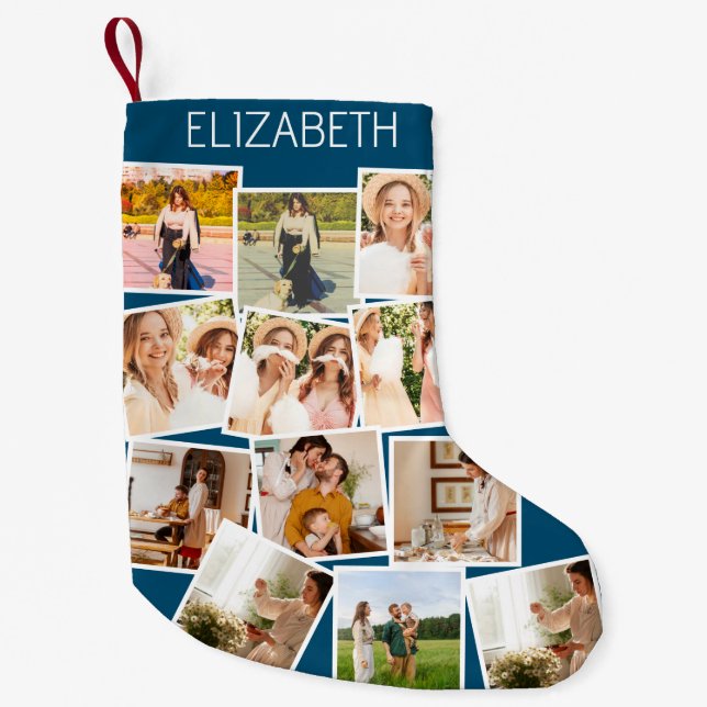 Christmas Photo Collage Customisable Name Blue Small Christmas Stocking (Front)