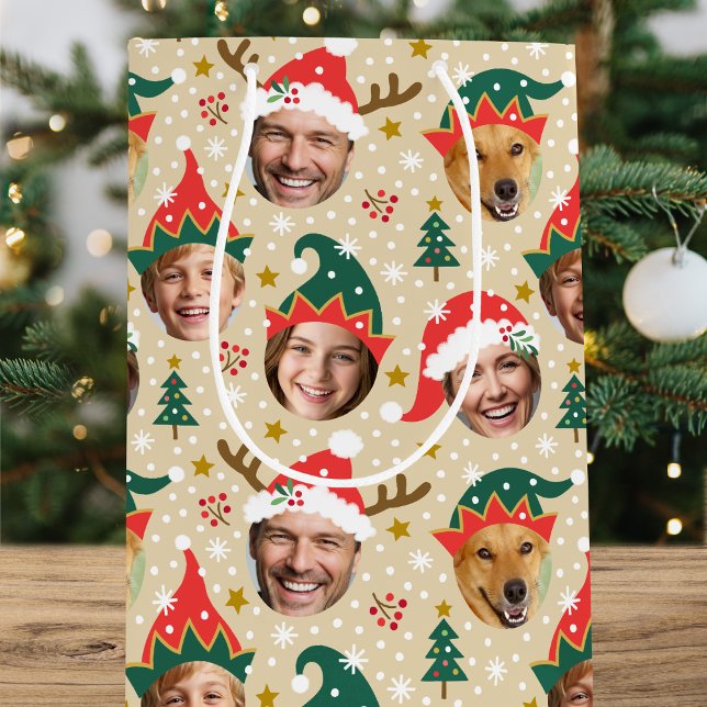 Christmas Photo Collage Festive Funny Face Beige Medium Gift Bag (Creator Uploaded)