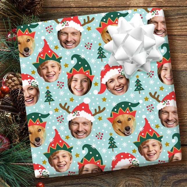 Christmas Photo Collage Festive Funny Face Blue Wrapping Paper (Creator Uploaded)